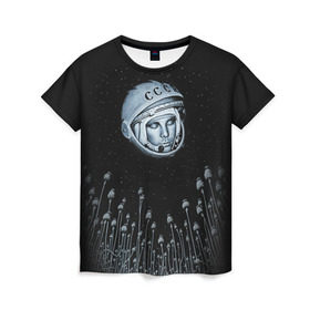 Женская футболка 3D с принтом Гагарин 7 в Санкт-Петербурге, 100% полиэфир ( синтетическое хлопкоподобное полотно) | прямой крой, круглый вырез горловины, длина до линии бедер | 12 апреля | гагарин | день космонавтики | космонавт | космонавтика | космос | юра | юрий