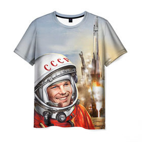 Мужская футболка 3D с принтом Гагарин 8 в Санкт-Петербурге, 100% полиэфир | прямой крой, круглый вырез горловины, длина до линии бедер | 12 апреля | гагарин | день космонавтики | космонавт | космонавтика | космос | юра | юрий