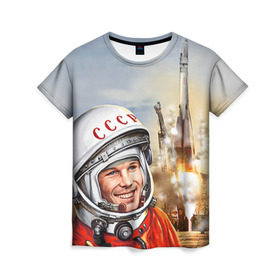 Женская футболка 3D с принтом Гагарин 8 в Санкт-Петербурге, 100% полиэфир ( синтетическое хлопкоподобное полотно) | прямой крой, круглый вырез горловины, длина до линии бедер | 12 апреля | гагарин | день космонавтики | космонавт | космонавтика | космос | юра | юрий