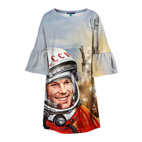Детское платье 3D с принтом Гагарин 8 в Санкт-Петербурге, 100% полиэстер | прямой силуэт, чуть расширенный к низу. Круглая горловина, на рукавах — воланы | 12 апреля | гагарин | день космонавтики | космонавт | космонавтика | космос | юра | юрий