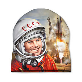 Шапка 3D с принтом Гагарин 8 в Санкт-Петербурге, 100% полиэстер | универсальный размер, печать по всей поверхности изделия | 12 апреля | гагарин | день космонавтики | космонавт | космонавтика | космос | юра | юрий