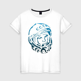 Женская футболка хлопок с принтом Гагарин 11 в Санкт-Петербурге, 100% хлопок | прямой крой, круглый вырез горловины, длина до линии бедер, слегка спущенное плечо | 12 апреля | гагарин | день космонавтики | космонавт | космонавтика | космос | юра | юрий