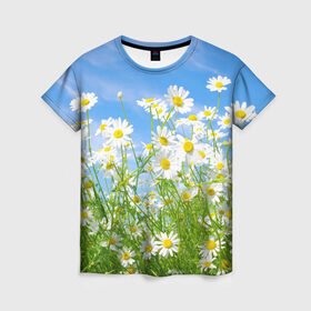 Женская футболка 3D с принтом Ромашки в Санкт-Петербурге, 100% полиэфир ( синтетическое хлопкоподобное полотно) | прямой крой, круглый вырез горловины, длина до линии бедер | луг | цветы