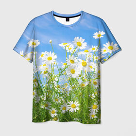 Мужская футболка 3D с принтом Ромашки в Санкт-Петербурге, 100% полиэфир | прямой крой, круглый вырез горловины, длина до линии бедер | луг | цветы