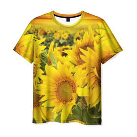 Мужская футболка 3D с принтом Подсолнухи в Санкт-Петербурге, 100% полиэфир | прямой крой, круглый вырез горловины, длина до линии бедер | желтый | солнце | цветок | яркий