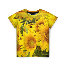 Детская футболка 3D с принтом Подсолнухи в Санкт-Петербурге, 100% гипоаллергенный полиэфир | прямой крой, круглый вырез горловины, длина до линии бедер, чуть спущенное плечо, ткань немного тянется | желтый | солнце | цветок | яркий