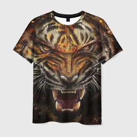 Мужская футболка 3D с принтом Тигр в Санкт-Петербурге, 100% полиэфир | прямой крой, круглый вырез горловины, длина до линии бедер | животные