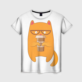 Женская футболка 3D с принтом Кот хипстер в Санкт-Петербурге, 100% полиэфир ( синтетическое хлопкоподобное полотно) | прямой крой, круглый вырез горловины, длина до линии бедер | арт | иллюстрация | кот | кофе | кофемания | пончик | хипстер