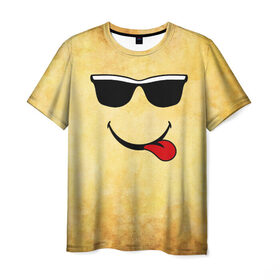 Мужская футболка 3D с принтом Смайл в очках (L) в Санкт-Петербурге, 100% полиэфир | прямой крой, круглый вырез горловины, длина до линии бедер | веселье | мордочка | очки | парная | позитив | прикол | рожица | смайл | смайл в очках | смех | улыбка | умора | хорошее настроение | юмор | язык