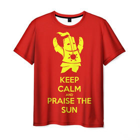 Мужская футболка 3D с принтом Keep calm and praise the sun в Санкт-Петербурге, 100% полиэфир | прямой крой, круглый вырез горловины, длина до линии бедер | dark souls