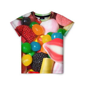 Детская футболка 3D с принтом Сладости в Санкт-Петербурге, 100% гипоаллергенный полиэфир | прямой крой, круглый вырез горловины, длина до линии бедер, чуть спущенное плечо, ткань немного тянется | candy | еда | конфеты | мармелад | сладкое