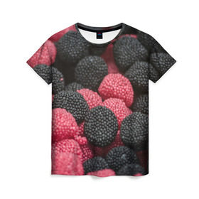 Женская футболка 3D с принтом Ягодки в Санкт-Петербурге, 100% полиэфир ( синтетическое хлопкоподобное полотно) | прямой крой, круглый вырез горловины, длина до линии бедер | candy | vegan | веган | вегетарианство | еда | конфеты | мармелад | сладкое