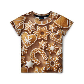 Детская футболка 3D с принтом печенье в Санкт-Петербурге, 100% гипоаллергенный полиэфир | прямой крой, круглый вырез горловины, длина до линии бедер, чуть спущенное плечо, ткань немного тянется | christmas | cookies | decoration | merry | xmas | выпечка | глазурь | новый год | рождество | сладко