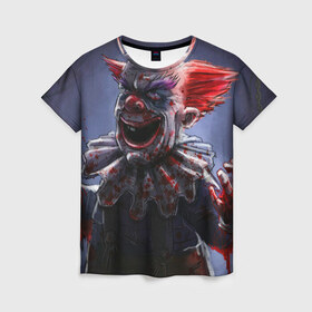 Женская футболка 3D с принтом Злобный клоун в Санкт-Петербурге, 100% полиэфир ( синтетическое хлопкоподобное полотно) | прямой крой, круглый вырез горловины, длина до линии бедер | зло | клоун | красная | кровь | ужас