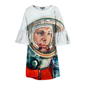 Детское платье 3D с принтом Гагарин в Санкт-Петербурге, 100% полиэстер | прямой силуэт, чуть расширенный к низу. Круглая горловина, на рукавах — воланы | space | гагарин | космос | россия