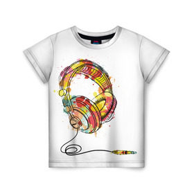 Детская футболка 3D с принтом Красочные наушники в Санкт-Петербурге, 100% гипоаллергенный полиэфир | прямой крой, круглый вырез горловины, длина до линии бедер, чуть спущенное плечо, ткань немного тянется | dj | музыка | наушники