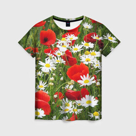 Женская футболка 3D с принтом Полевые цветы 2 в Санкт-Петербурге, 100% полиэфир ( синтетическое хлопкоподобное полотно) | прямой крой, круглый вырез горловины, длина до линии бедер | поле | полевые цветы | цветы