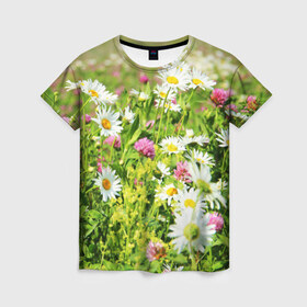 Женская футболка 3D с принтом Полевые цветы 3 в Санкт-Петербурге, 100% полиэфир ( синтетическое хлопкоподобное полотно) | прямой крой, круглый вырез горловины, длина до линии бедер | поле | полевые цветы | цветы