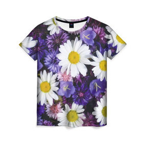 Женская футболка 3D с принтом Полевые цветы 8 в Санкт-Петербурге, 100% полиэфир ( синтетическое хлопкоподобное полотно) | прямой крой, круглый вырез горловины, длина до линии бедер | поле | полевые цветы | цветы