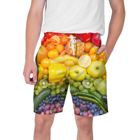Мужские шорты 3D с принтом Плоды в Санкт-Петербурге,  полиэстер 100% | прямой крой, два кармана без застежек по бокам. Мягкая трикотажная резинка на поясе, внутри которой широкие завязки. Длина чуть выше колен | Тематика изображения на принте: овощи | фрукты | ягоды