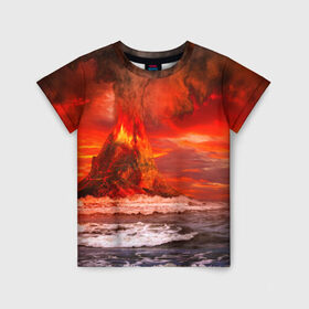Детская футболка 3D с принтом Вулкан в Санкт-Петербурге, 100% гипоаллергенный полиэфир | прямой крой, круглый вырез горловины, длина до линии бедер, чуть спущенное плечо, ткань немного тянется | взрыв | вулкан | извержение | красная | лава | море