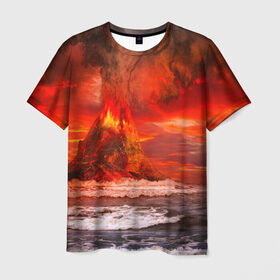 Мужская футболка 3D с принтом Вулкан в Санкт-Петербурге, 100% полиэфир | прямой крой, круглый вырез горловины, длина до линии бедер | взрыв | вулкан | извержение | красная | лава | море