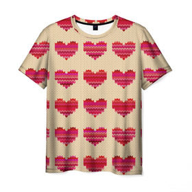 Мужская футболка 3D с принтом Шерстяные сердечки в Санкт-Петербурге, 100% полиэфир | прямой крой, круглый вырез горловины, длина до линии бедер | Тематика изображения на принте: вязание | вязаный | паттерн | текстура | узор