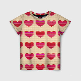 Детская футболка 3D с принтом Шерстяные сердечки в Санкт-Петербурге, 100% гипоаллергенный полиэфир | прямой крой, круглый вырез горловины, длина до линии бедер, чуть спущенное плечо, ткань немного тянется | вязание | вязаный | паттерн | текстура | узор