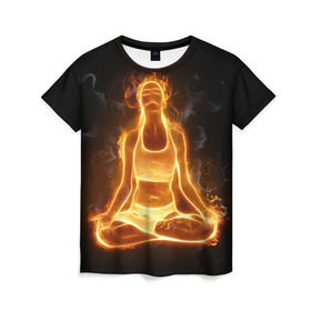 Женская футболка 3D с принтом Пламенная медитация в Санкт-Петербурге, 100% полиэфир ( синтетическое хлопкоподобное полотно) | прямой крой, круглый вырез горловины, длина до линии бедер | аштанга | здоровье | зож | йога | кундалини | лотос | медитация | огонь | пламя | силуэт | спорт | страсть | тонус