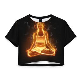 Женская футболка 3D укороченная с принтом Пламенная медитация в Санкт-Петербурге, 100% полиэстер | круглая горловина, длина футболки до линии талии, рукава с отворотами | аштанга | здоровье | зож | йога | кундалини | лотос | медитация | огонь | пламя | силуэт | спорт | страсть | тонус