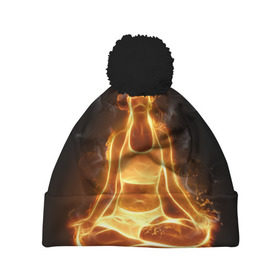 Шапка 3D c помпоном с принтом Пламенная медитация в Санкт-Петербурге, 100% полиэстер | универсальный размер, печать по всей поверхности изделия | аштанга | здоровье | зож | йога | кундалини | лотос | медитация | огонь | пламя | силуэт | спорт | страсть | тонус