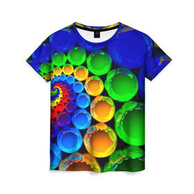 Женская футболка 3D с принтом Круги в Санкт-Петербурге, 100% полиэфир ( синтетическое хлопкоподобное полотно) | прямой крой, круглый вырез горловины, длина до линии бедер | краски | радуга