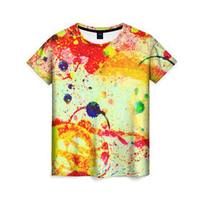 Женская футболка 3D с принтом Брызги красок в Санкт-Петербурге, 100% полиэфир ( синтетическое хлопкоподобное полотно) | прямой крой, круглый вырез горловины, длина до линии бедер | цветные