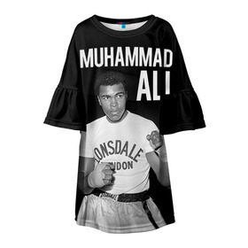 Детское платье 3D с принтом Muhammad Ali в Санкт-Петербурге, 100% полиэстер | прямой силуэт, чуть расширенный к низу. Круглая горловина, на рукавах — воланы | Тематика изображения на принте: ali | boxing | muhammad ali |   |  muhammad |  бокс | али | боксер | мухамад. мухаммад | мухаммед | мухаммед али
