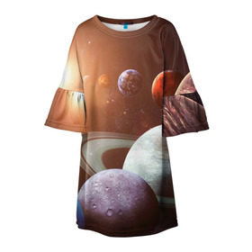 Детское платье 3D с принтом Планеты солнечной системы в Санкт-Петербурге, 100% полиэстер | прямой силуэт, чуть расширенный к низу. Круглая горловина, на рукавах — воланы | Тематика изображения на принте: венера | звезды | земля | космос | марс | меркурий | сатурн | солнце | уран | юпитер