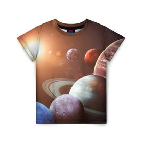 Детская футболка 3D с принтом Планеты солнечной системы в Санкт-Петербурге, 100% гипоаллергенный полиэфир | прямой крой, круглый вырез горловины, длина до линии бедер, чуть спущенное плечо, ткань немного тянется | Тематика изображения на принте: венера | звезды | земля | космос | марс | меркурий | сатурн | солнце | уран | юпитер