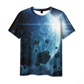 Мужская футболка 3D с принтом Холодный космос в Санкт-Петербурге, 100% полиэфир | прямой крой, круглый вырез горловины, длина до линии бедер | вселенная | галактика | звезды | планеты | туманность