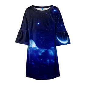 Детское платье 3D с принтом Звёздное небо в Санкт-Петербурге, 100% полиэстер | прямой силуэт, чуть расширенный к низу. Круглая горловина, на рукавах — воланы | Тематика изображения на принте: звезды | луна | месяц | ночь