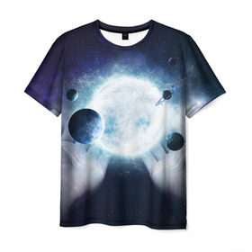 Мужская футболка 3D с принтом Солнечная система на ладонях в Санкт-Петербурге, 100% полиэфир | прямой крой, круглый вырез горловины, длина до линии бедер | вселенная | галактика | звезды | планеты | солнце | туманность