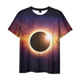 Мужская футболка 3D с принтом Солнечное затмение в Санкт-Петербурге, 100% полиэфир | прямой крой, круглый вырез горловины, длина до линии бедер | галактика | звёзды | земля | космос | мгла | млечный путь | ночь | орбита | солнечная система | солнечное затмение | солнце | тьма