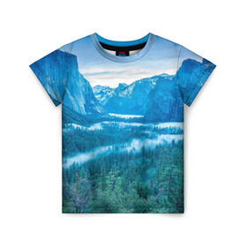 Детская футболка 3D с принтом Горный пейзаж в Санкт-Петербурге, 100% гипоаллергенный полиэфир | прямой крой, круглый вырез горловины, длина до линии бедер, чуть спущенное плечо, ткань немного тянется | горный хребет | горы | каньон | лес | пейзаж | речка | туман | ущелье