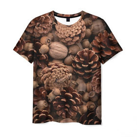 Мужская футболка 3D с принтом Шишки и орешки в Санкт-Петербурге, 100% полиэфир | прямой крой, круглый вырез горловины, длина до линии бедер | дуб | ёлка | ель | жёлудь | иголки | кедр | лес | орех | орешки | осень | сосна | шишки