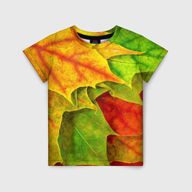 Детская футболка 3D с принтом Осенний наряд в Санкт-Петербурге, 100% гипоаллергенный полиэфир | прямой крой, круглый вырез горловины, длина до линии бедер, чуть спущенное плечо, ткань немного тянется | жёлтый | зелёный | красный | листва | листья | оранжевый