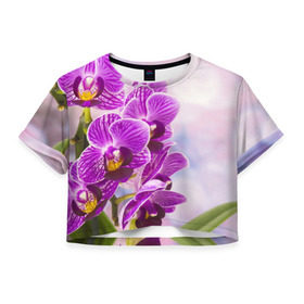 Женская футболка 3D укороченная с принтом Божественная орхидея в Санкт-Петербурге, 100% полиэстер | круглая горловина, длина футболки до линии талии, рукава с отворотами | 8 марта | букет | весна | красота | куст | лето | орхидея | подарок | сиреневый цвет | цветок | шикарный цветочек