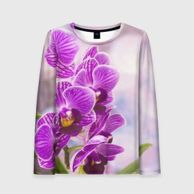 Женский лонгслив 3D с принтом Божественная орхидея в Санкт-Петербурге, 100% полиэстер | длинные рукава, круглый вырез горловины, полуприлегающий силуэт | 8 марта | букет | весна | красота | куст | лето | орхидея | подарок | сиреневый цвет | цветок | шикарный цветочек