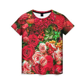 Женская футболка 3D с принтом Роскошный букет в Санкт-Петербурге, 100% полиэфир ( синтетическое хлопкоподобное полотно) | прямой крой, круглый вырез горловины, длина до линии бедер | 8 марта | блеск | гвоздики | красный | красота | невероятный | огромный букет | пёстрый | праздник | розы | роскошный | цветы | шикарный
