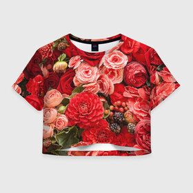 Женская футболка 3D укороченная с принтом Шикарный букет в Санкт-Петербурге, 100% полиэстер | круглая горловина, длина футболки до линии талии, рукава с отворотами | 8 марта | блеск | гвоздики | красный | красота | невероятный | огромный букет | пёстрый | праздник | розы | роскошный | цветы | шикарный