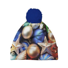 Шапка 3D c помпоном с принтом Игрушки на ёлку в Санкт-Петербурге, 100% полиэстер | универсальный размер, печать по всей поверхности изделия | новогодний | рождество | шарики
