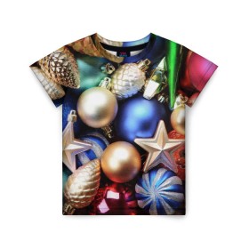 Детская футболка 3D с принтом Игрушки на ёлку в Санкт-Петербурге, 100% гипоаллергенный полиэфир | прямой крой, круглый вырез горловины, длина до линии бедер, чуть спущенное плечо, ткань немного тянется | новогодний | рождество | шарики