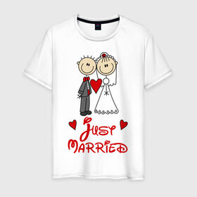 Мужская футболка хлопок с принтом Just married в Санкт-Петербурге, 100% хлопок | прямой крой, круглый вырез горловины, длина до линии бедер, слегка спущенное плечо. | just married | женат | замужем | молодожены | свадьба